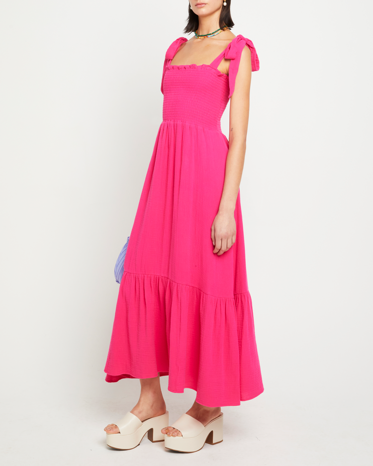Fifth image of Cotton Winnie Dress, a pink maxi dress, tie straps, smocked bodice
