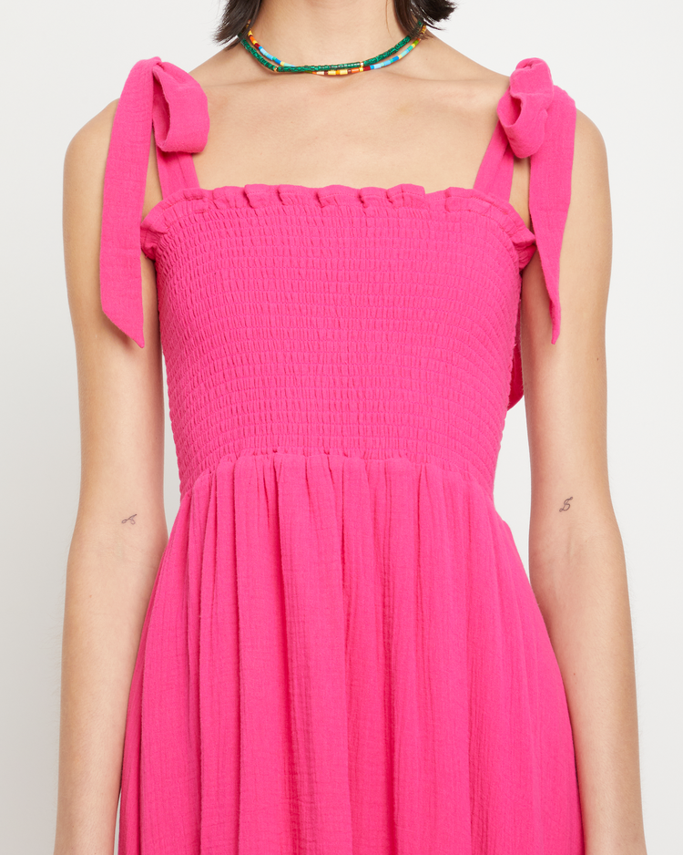 Sixth image of Cotton Winnie Dress, a pink maxi dress, tie straps, smocked bodice