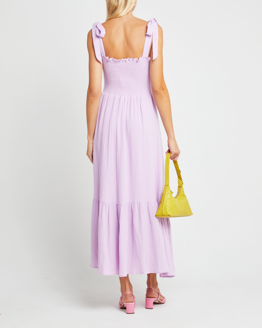 Second image of Cotton Winnie Dress, a purple maxi dress, tie straps, smocked bodice
