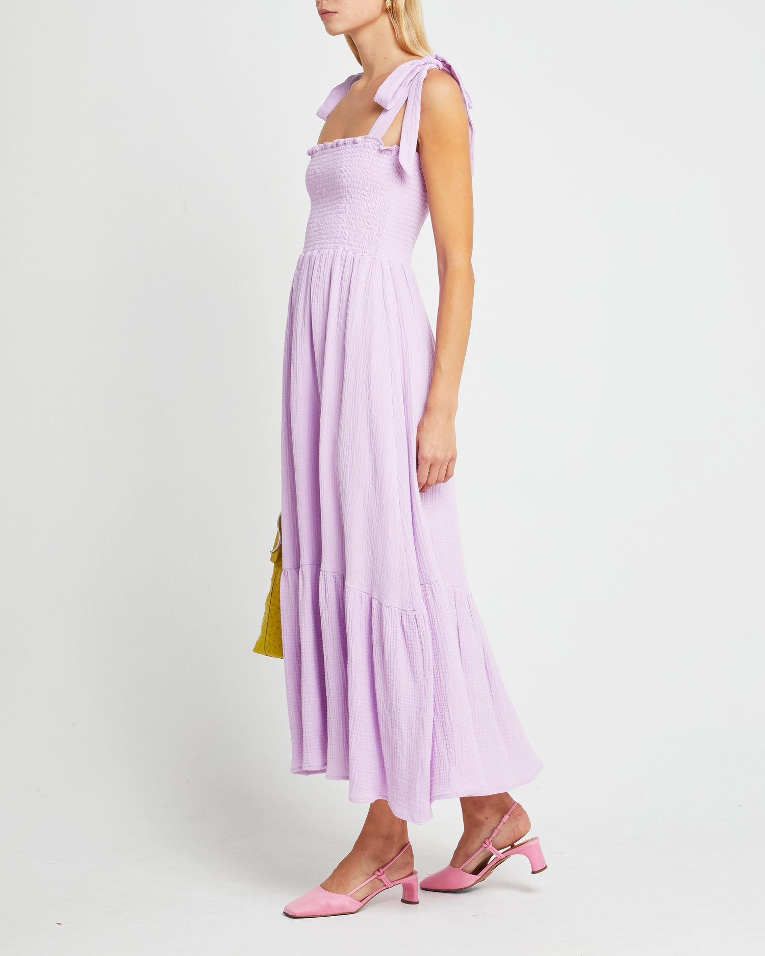 Third image of Cotton Winnie Dress, a purple maxi dress, tie straps, smocked bodice