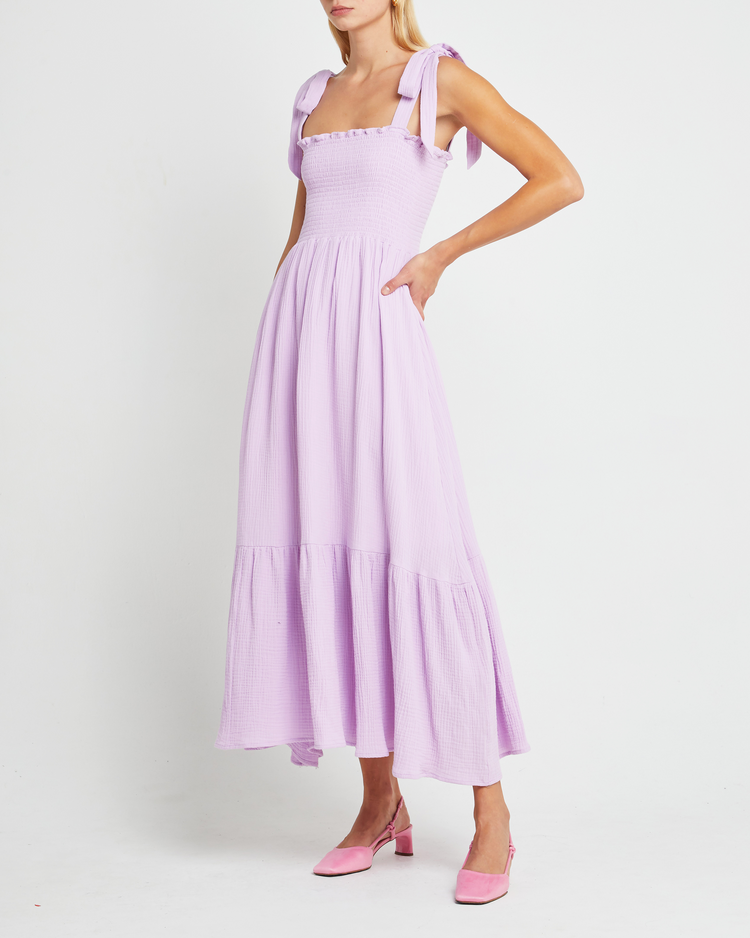 Fourth image of Cotton Winnie Dress, a purple maxi dress, tie straps, smocked bodice