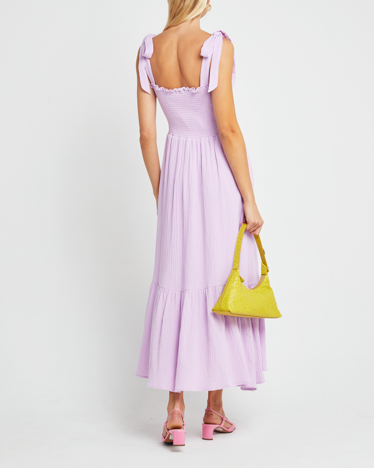 Fifth image of Cotton Winnie Dress, a purple maxi dress, tie straps, smocked bodice
