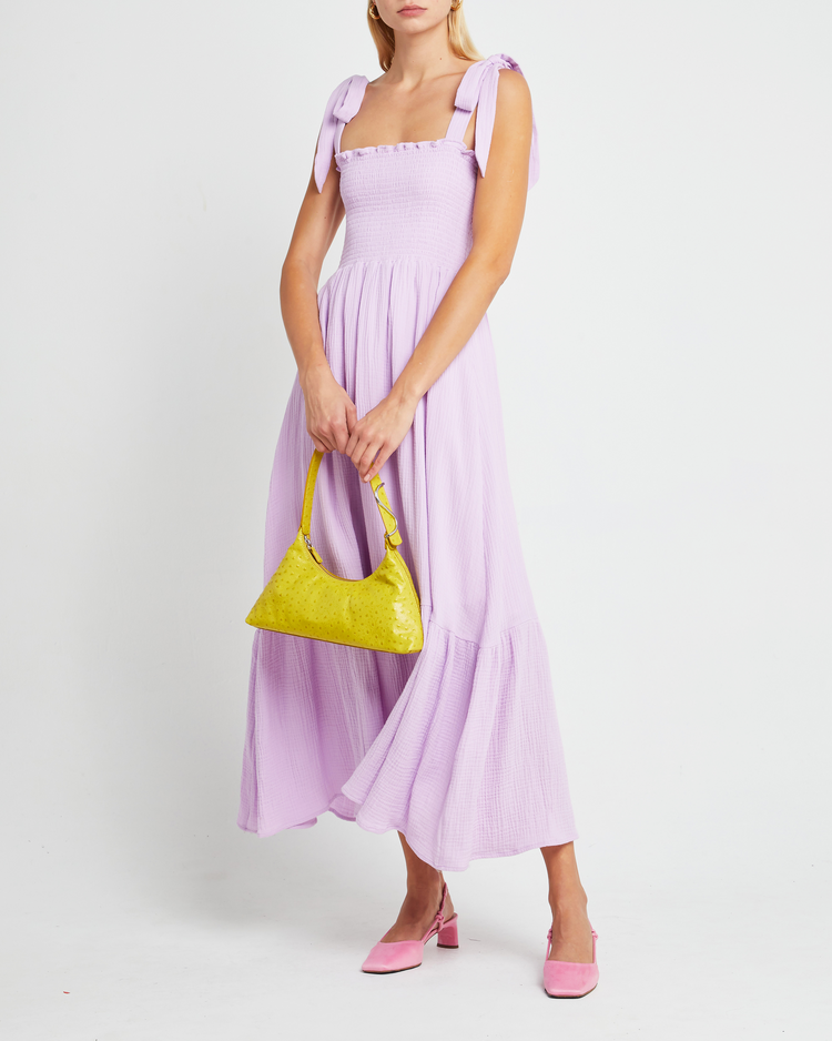 First image of Cotton Winnie Dress, a purple maxi dress, tie straps, smocked bodice