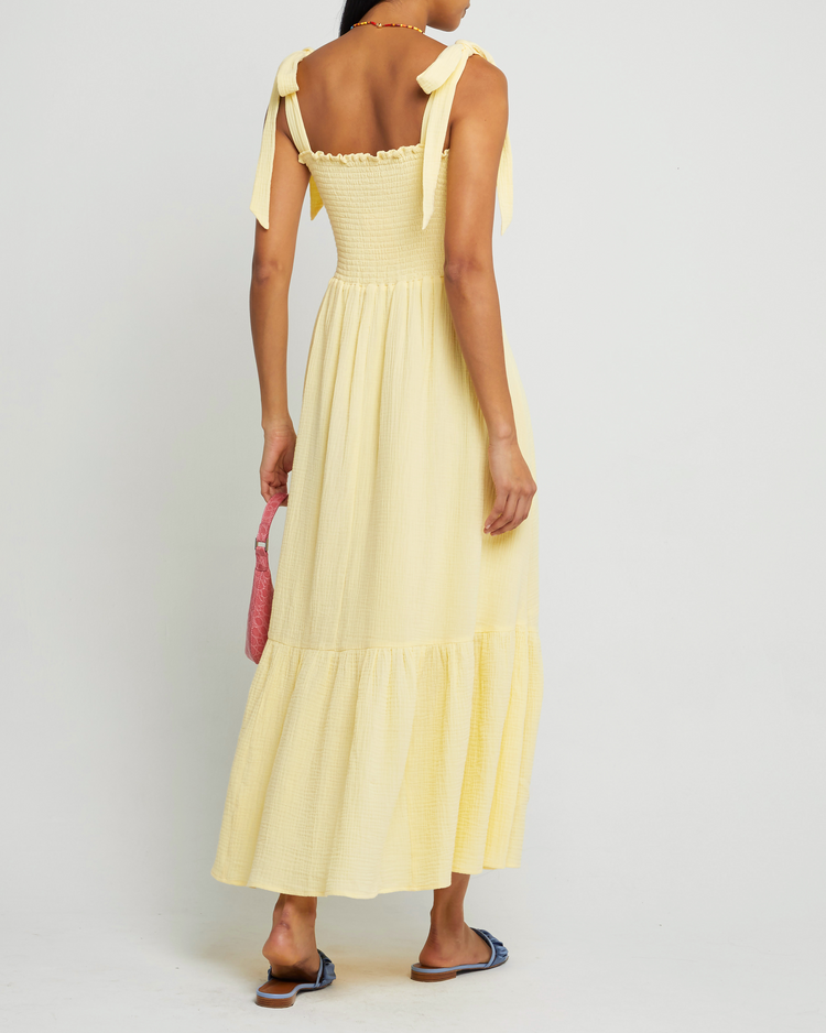 Second image of Cotton Winnie Dress, a yellow maxi dress, tie straps, smocked bodice