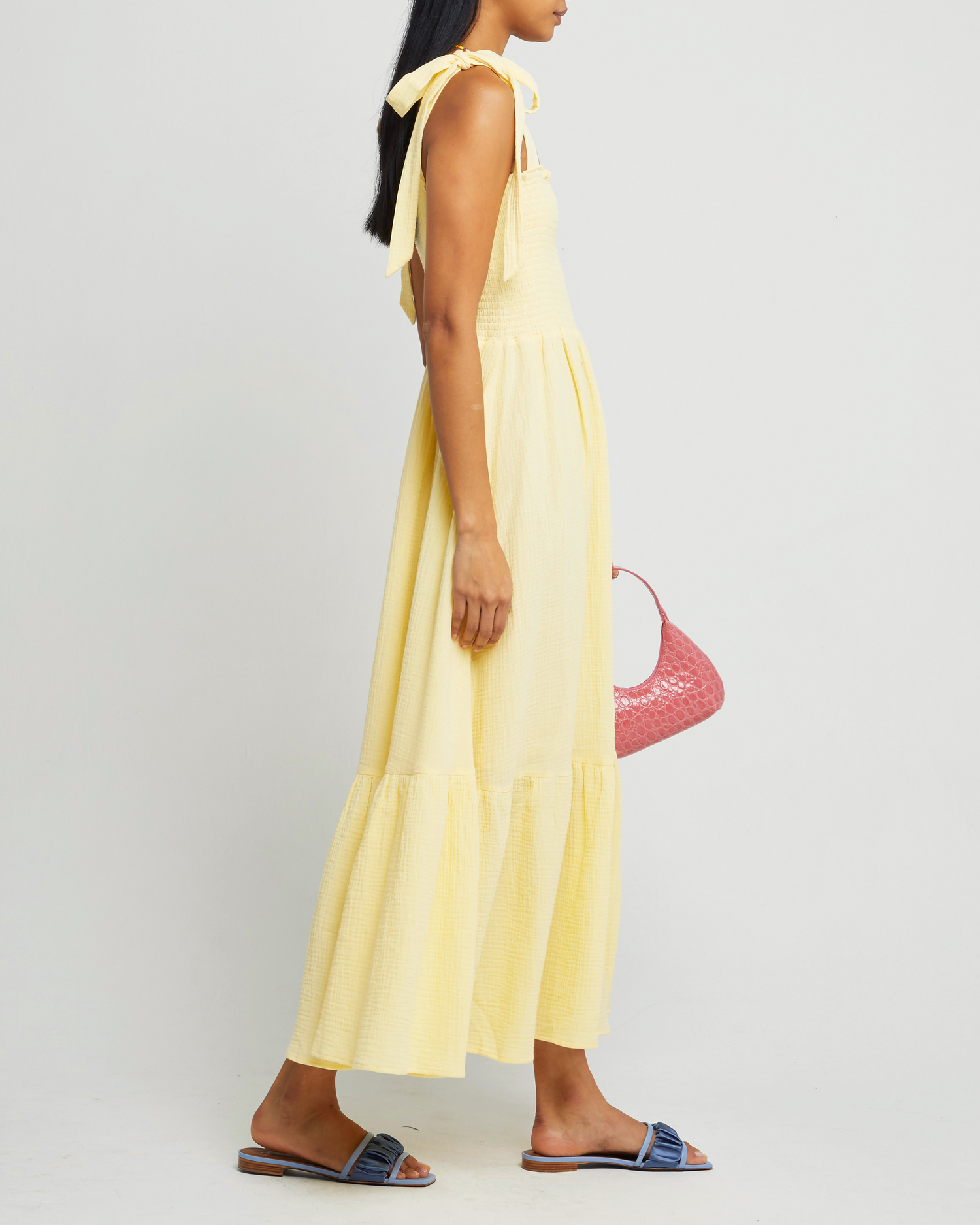 Third image of Cotton Winnie Dress, a yellow maxi dress, tie straps, smocked bodice