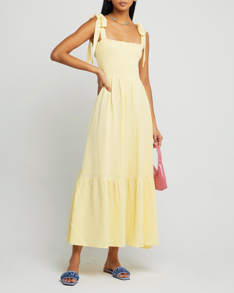 Fourth image of Cotton Winnie Dress, a yellow maxi dress, tie straps, smocked bodice