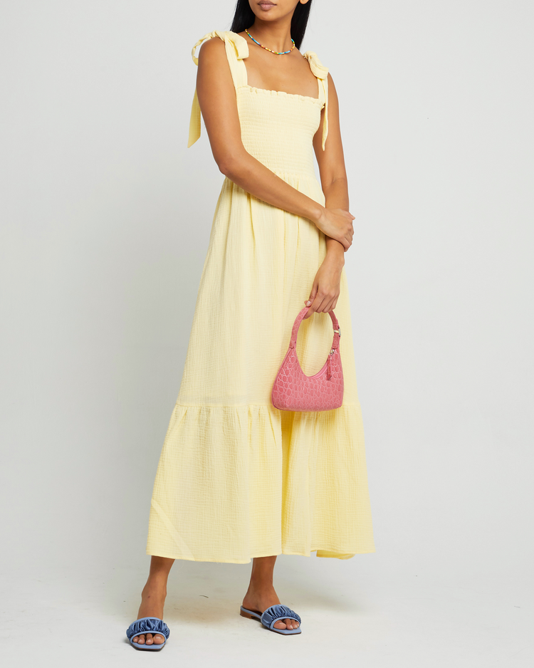 Fifth image of Cotton Winnie Dress, a yellow maxi dress, tie straps, smocked bodice