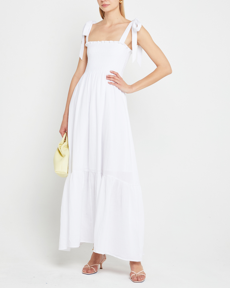 Third image of Cotton Winnie Dress, a white maxi dress, tie straps, smocked bodice