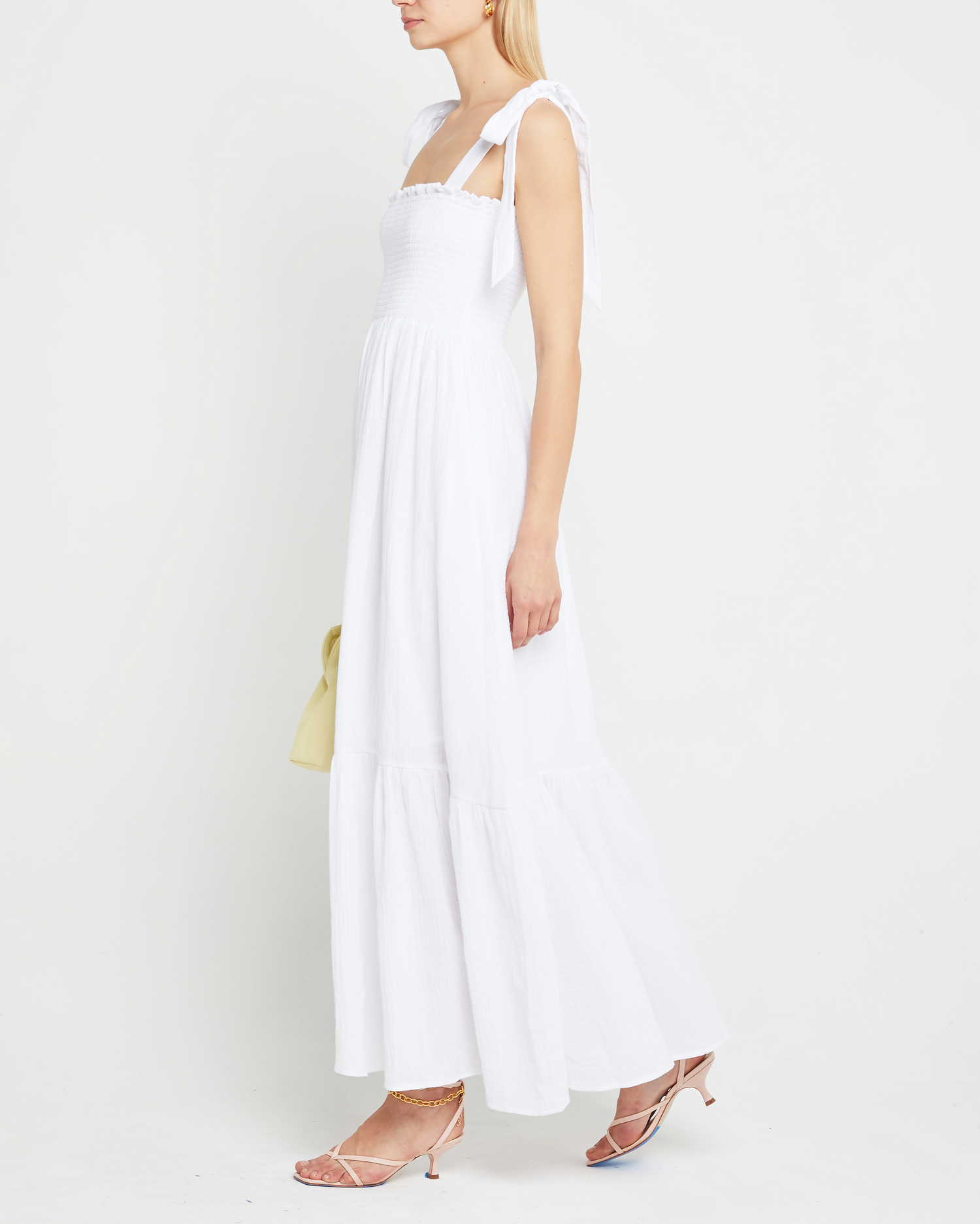 Fourth image of Cotton Winnie Dress, a white maxi dress, tie straps, smocked bodice