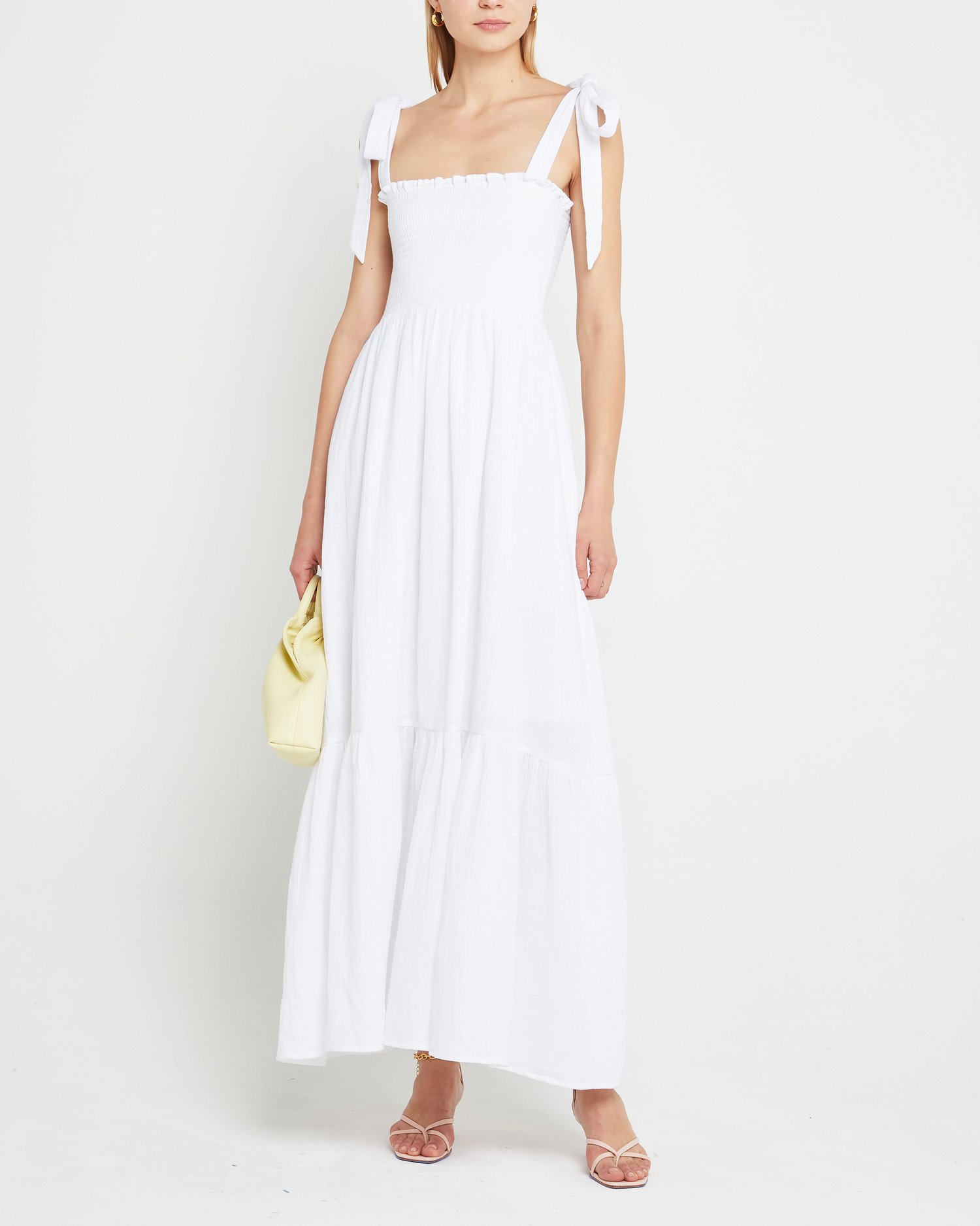 Fifth image of Cotton Winnie Dress, a white maxi dress, tie straps, smocked bodice