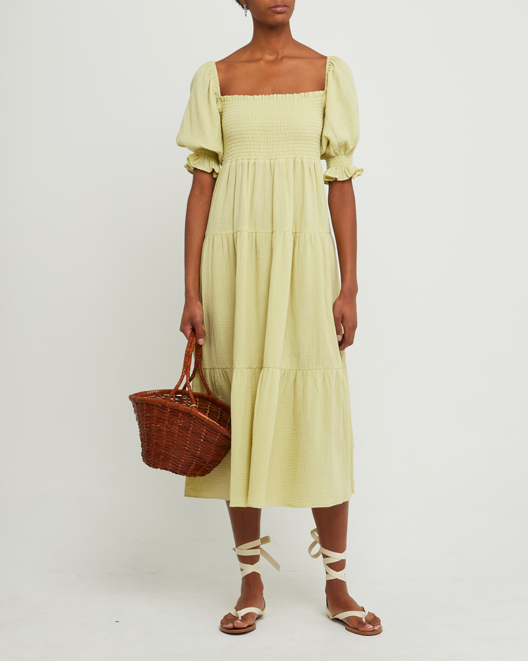 Fourth image of Frankie Dress, a green maxi dress, short sleeves, cap sleeves, smocked bodice, square neckline