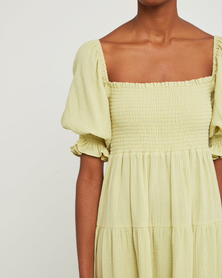 Sixth image of Frankie Dress, a green maxi dress, short sleeves, cap sleeves, smocked bodice, square neckline