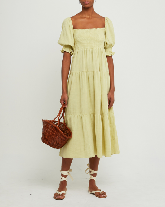 First image of Frankie Dress, a green maxi dress, short sleeves, cap sleeves, smocked bodice, square neckline