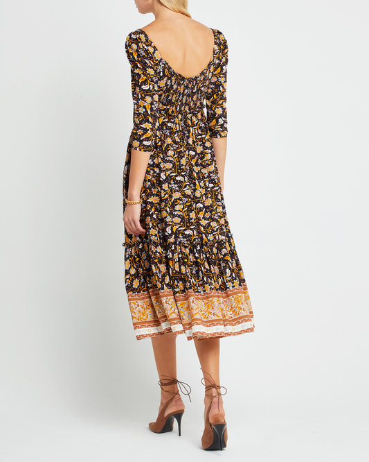 Second image of Willow Dress, a floral midi dress, floral, square neckline, 3/4 sleeves, fall, floral, pockets