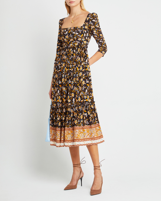 First image of Willow Dress, a floral midi dress, floral, square neckline, 3/4 sleeves, fall, floral, pockets