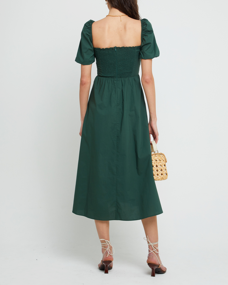 Second image of River Dress, a green midi dress, square neckline, short puff sleeves, gathered bodice