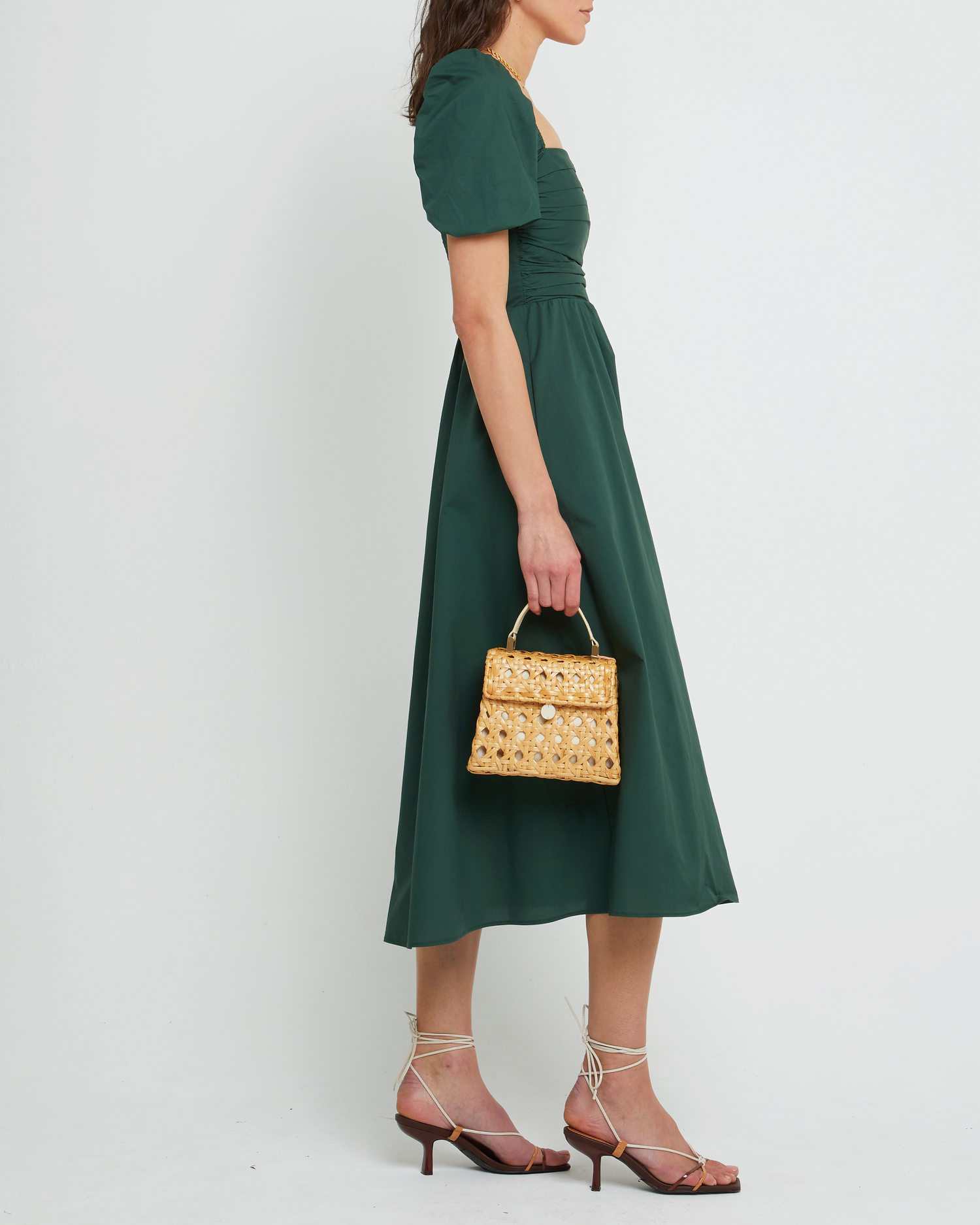 Third image of River Dress, a green midi dress, square neckline, short puff sleeves, gathered bodice