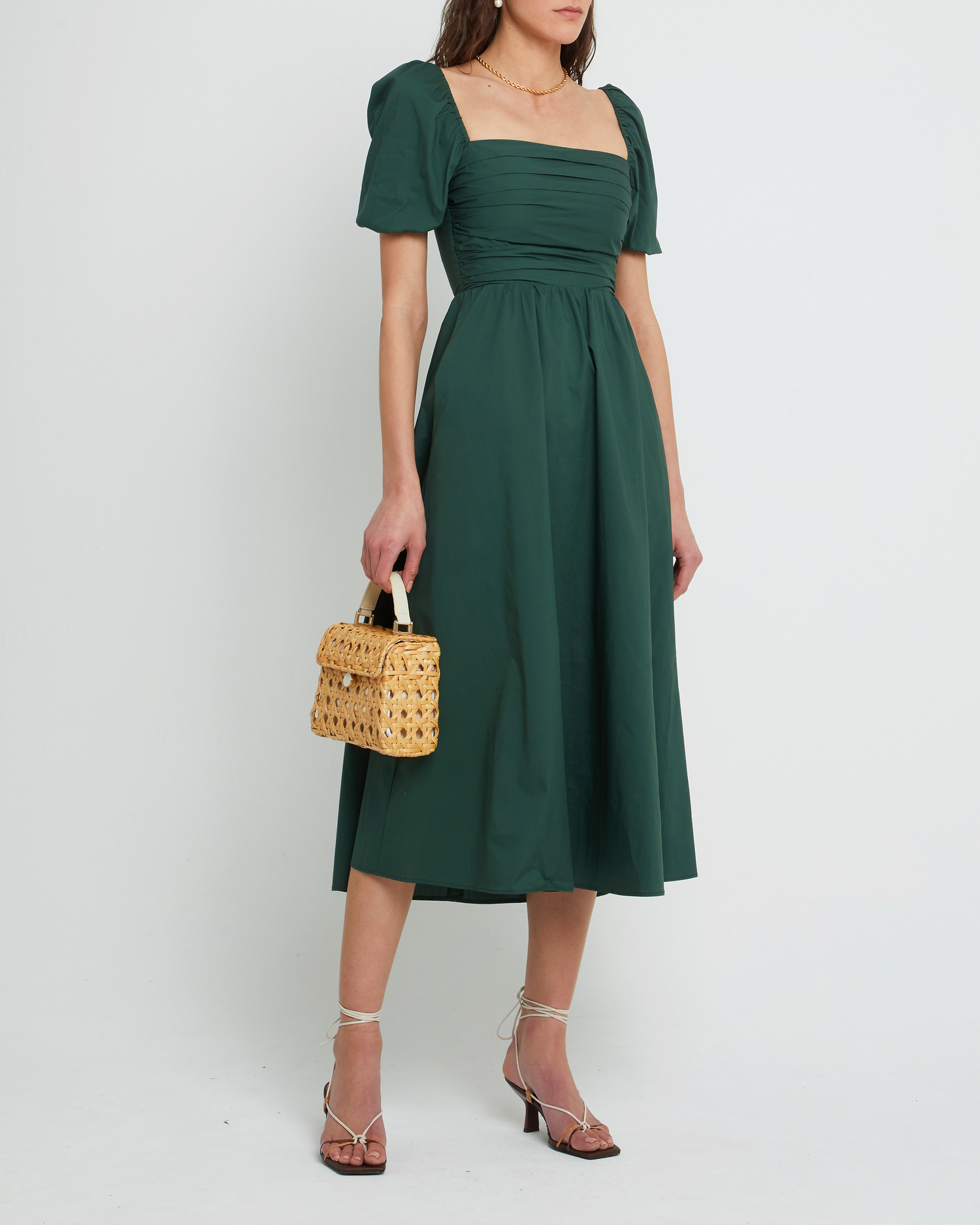 Fourth image of River Dress, a green midi dress, square neckline, short puff sleeves, gathered bodice