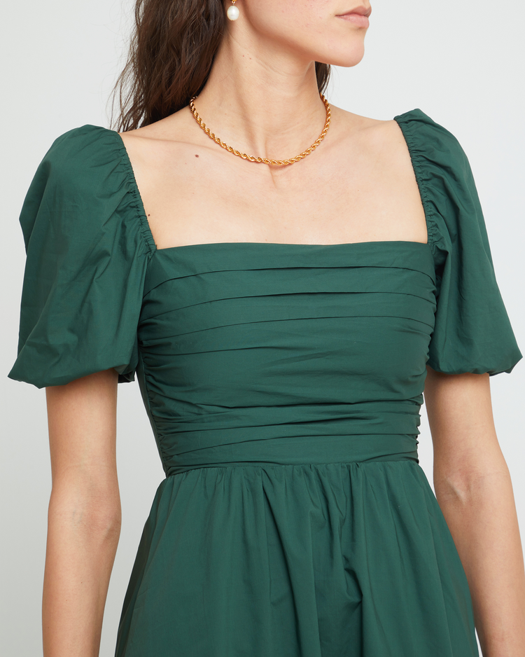 Sixth image of River Dress, a green midi dress, square neckline, short puff sleeves, gathered bodice