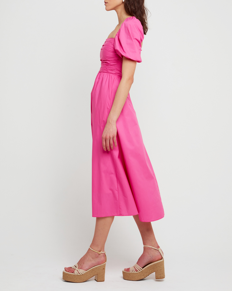 Third image of River Dress, a pink midi dress, square neckline, short puff sleeves, gathered bodice