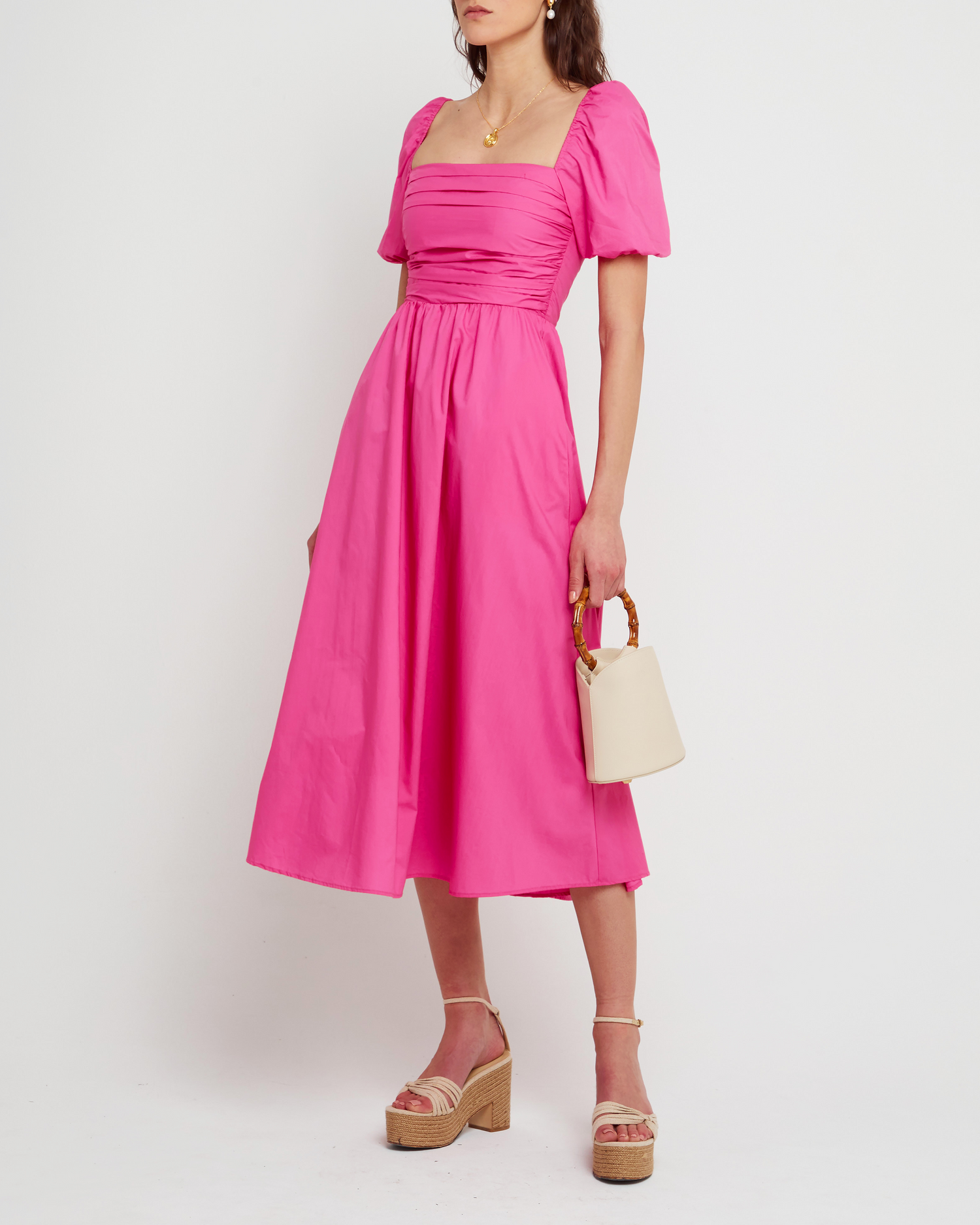 Fourth image of River Dress, a pink midi dress, square neckline, short puff sleeves, gathered bodice