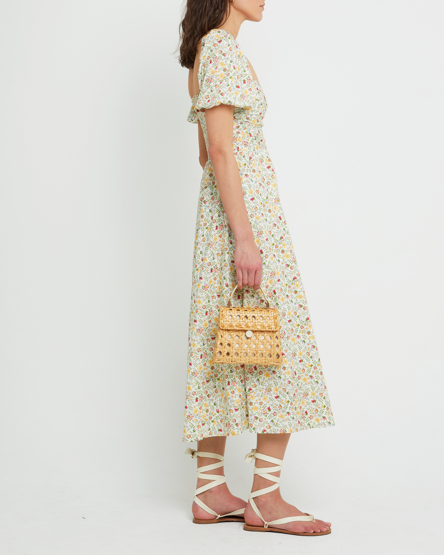 Third image of River Dress, a floral midi dress, square neckline, short puff sleeves, gathered bodice