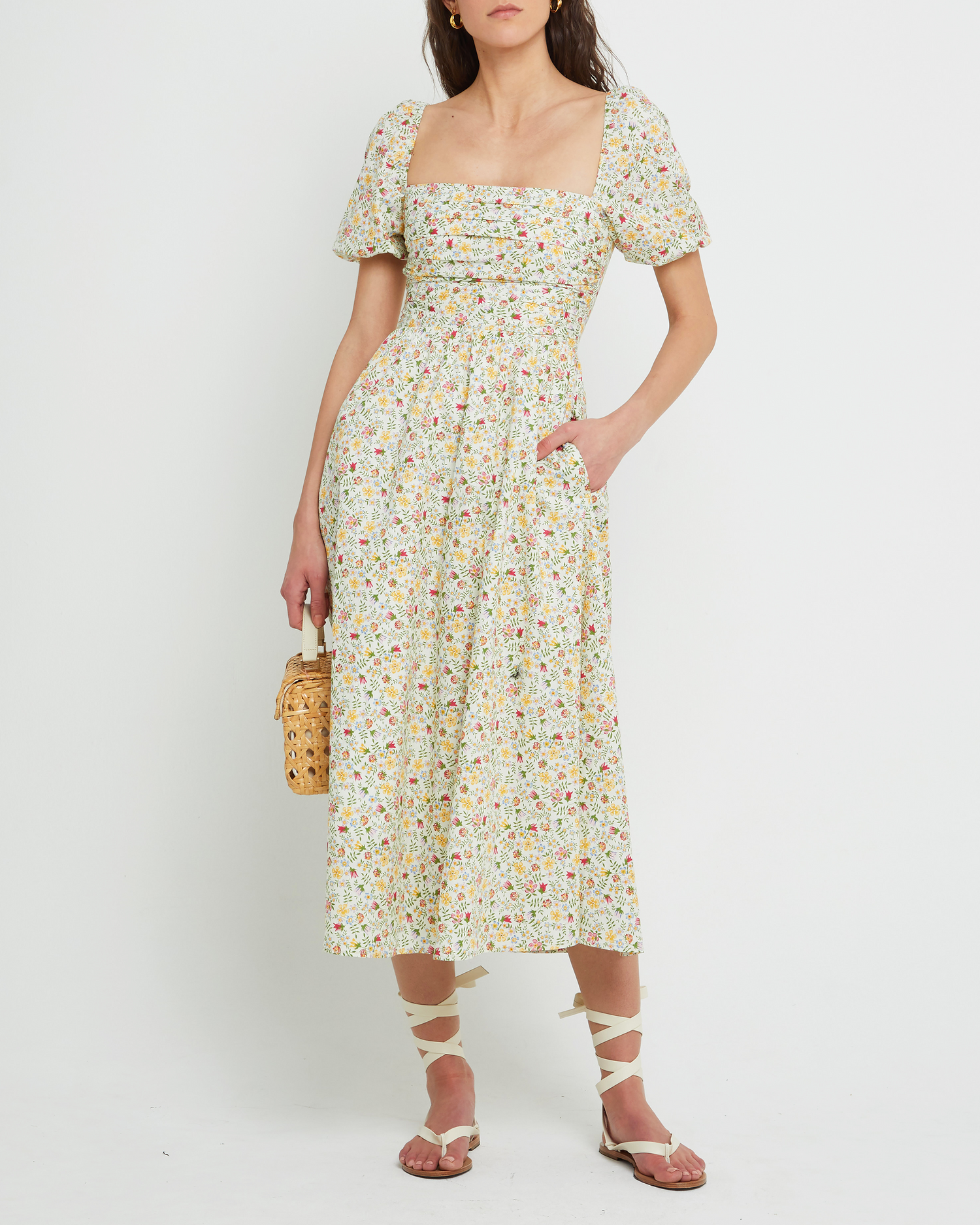 Fourth image of River Dress, a floral midi dress, square neckline, short puff sleeves, gathered bodice