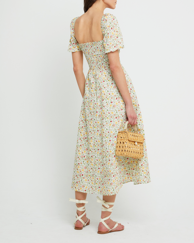 Fifth image of River Dress, a floral midi dress, square neckline, short puff sleeves, gathered bodice