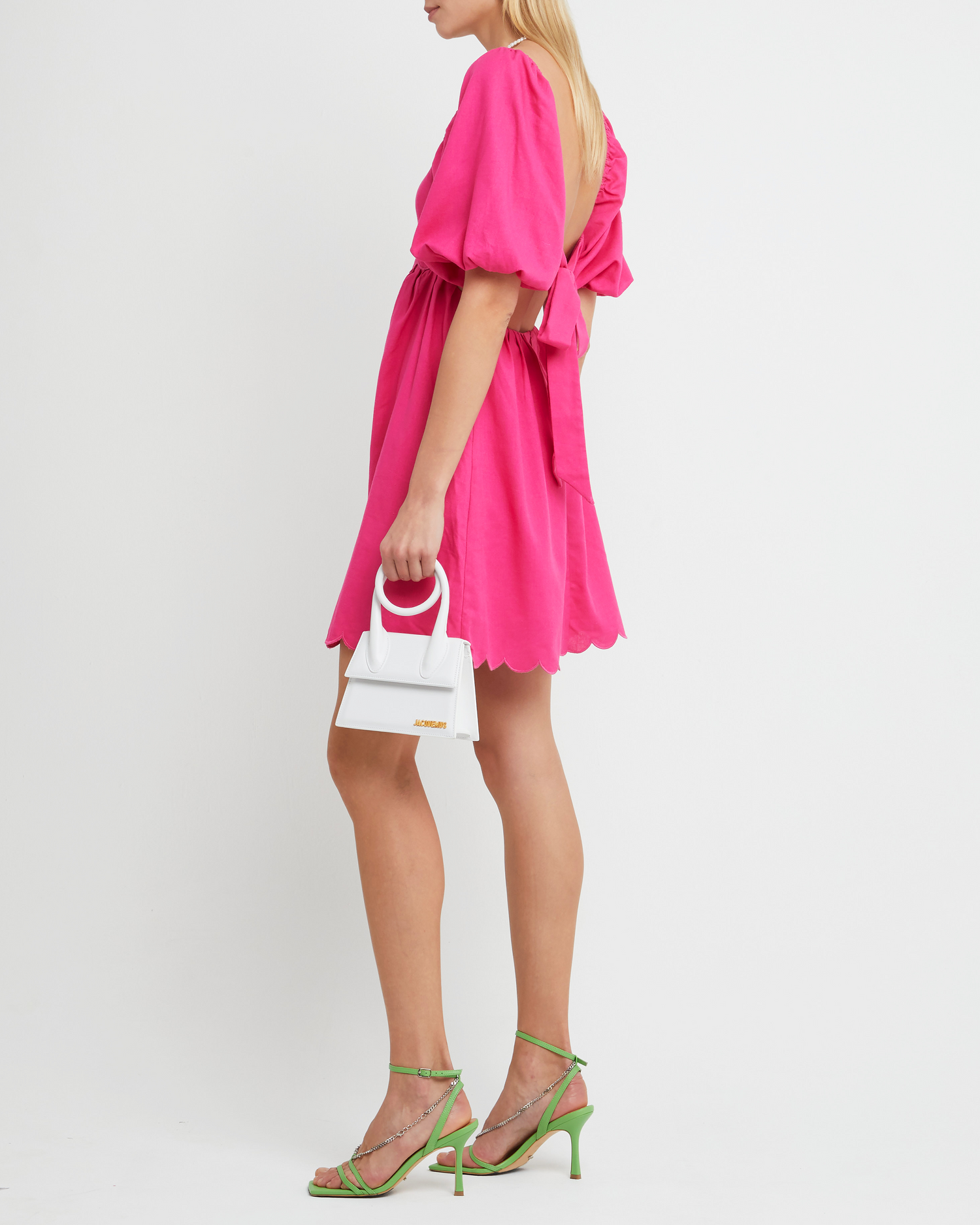 Fifth image of April Dress, a pink mini dress, scalloped hem, babydoll, puff sleeves