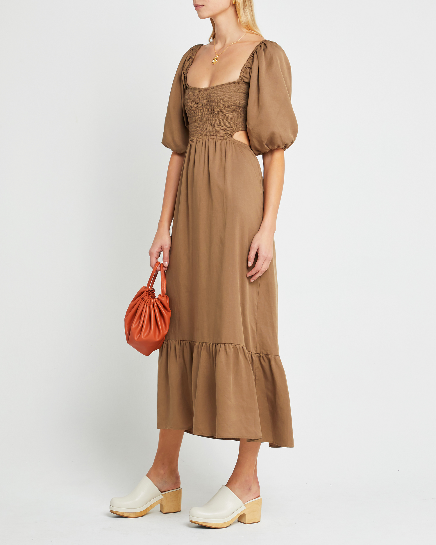 Third image of Leighton Dress, a  maxi dress, open back, cut outs, puff sleeves, short sleeves