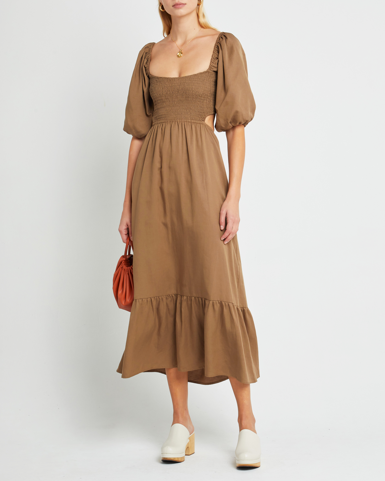Fourth image of Leighton Dress, a  maxi dress, open back, cut outs, puff sleeves, short sleeves