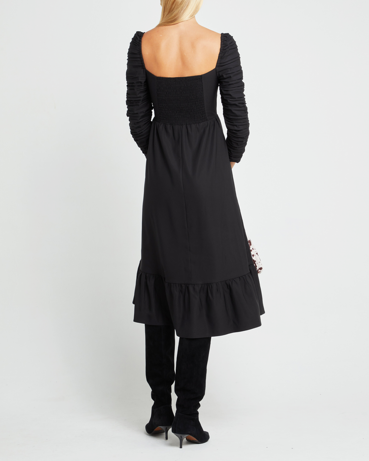 Second image of Bonnie Dress, a black midi dress, midi sleeves, 3/4 sleeves, square neckline, pockets, ruched