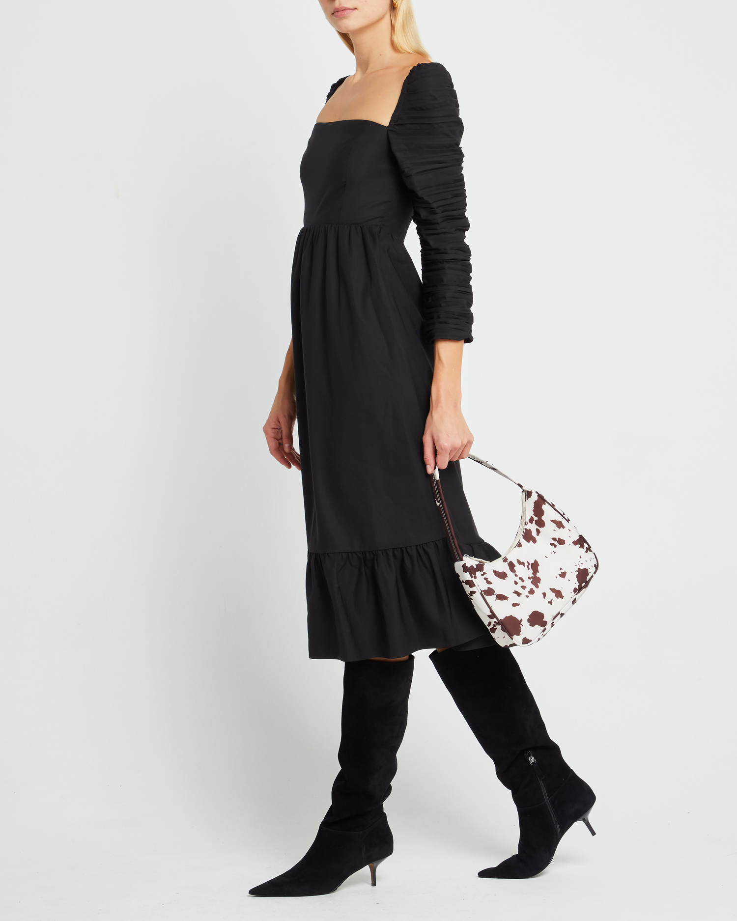 Third image of Bonnie Dress, a black midi dress, midi sleeves, 3/4 sleeves, square neckline, pockets, ruched