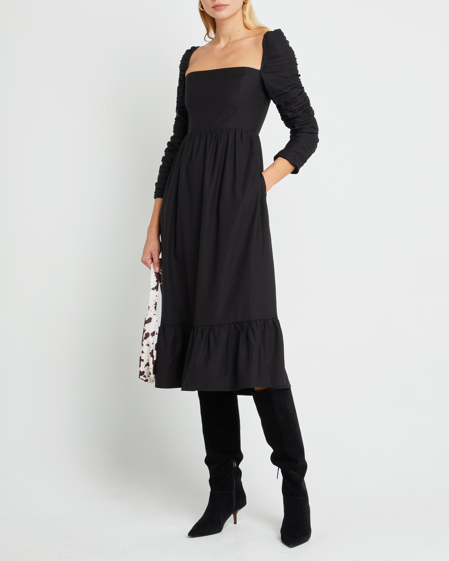 Fourth image of Bonnie Dress, a black midi dress, midi sleeves, 3/4 sleeves, square neckline, pockets, ruched
