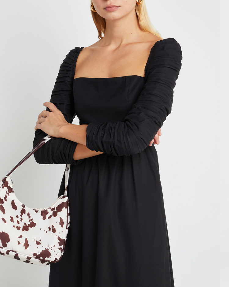 Sixth image of Bonnie Dress, a black midi dress, midi sleeves, 3/4 sleeves, square neckline, pockets, ruched