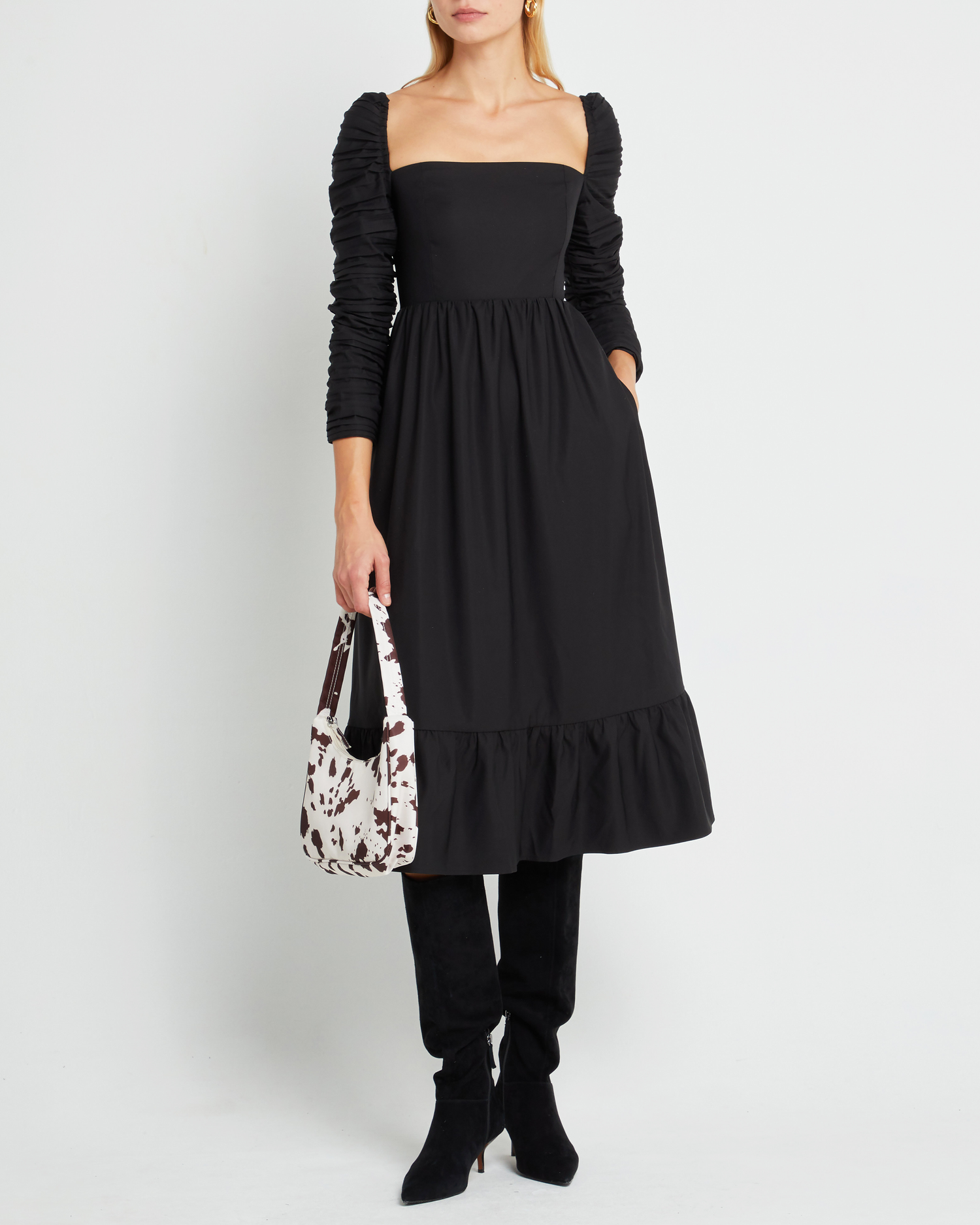 First image of Bonnie Dress, a black midi dress, midi sleeves, 3/4 sleeves, square neckline, pockets, ruched