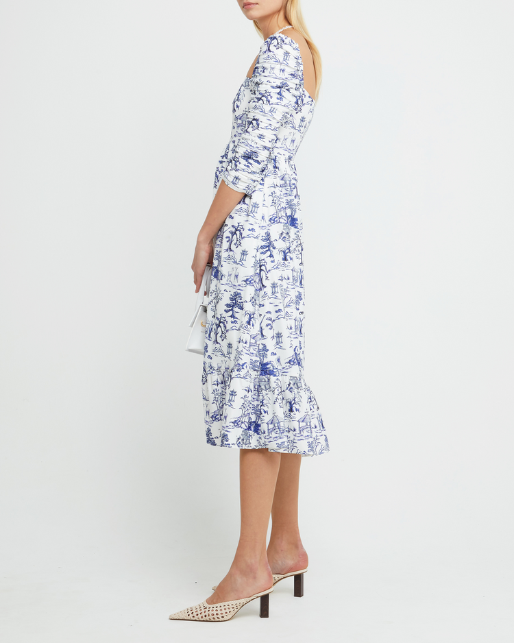 Third image of Bonnie Dress, a blue midi dress, toile, pockets, ruched sleeves, square neckline, long sleeves, 3/4 sleeves