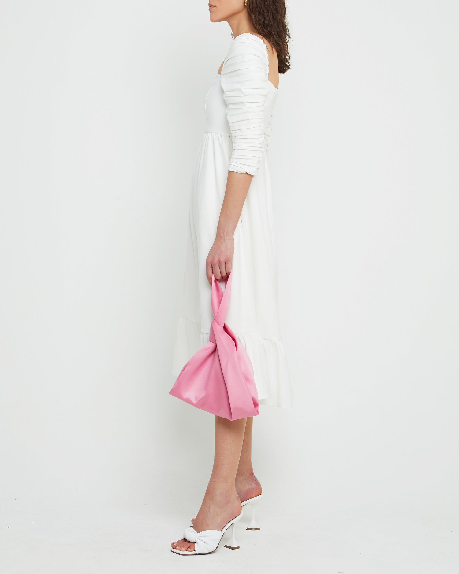 Third image of Bonnie Dress, a white midi dress, ruched bodice, mid sleeves, 3/4 sleeves, square neckline