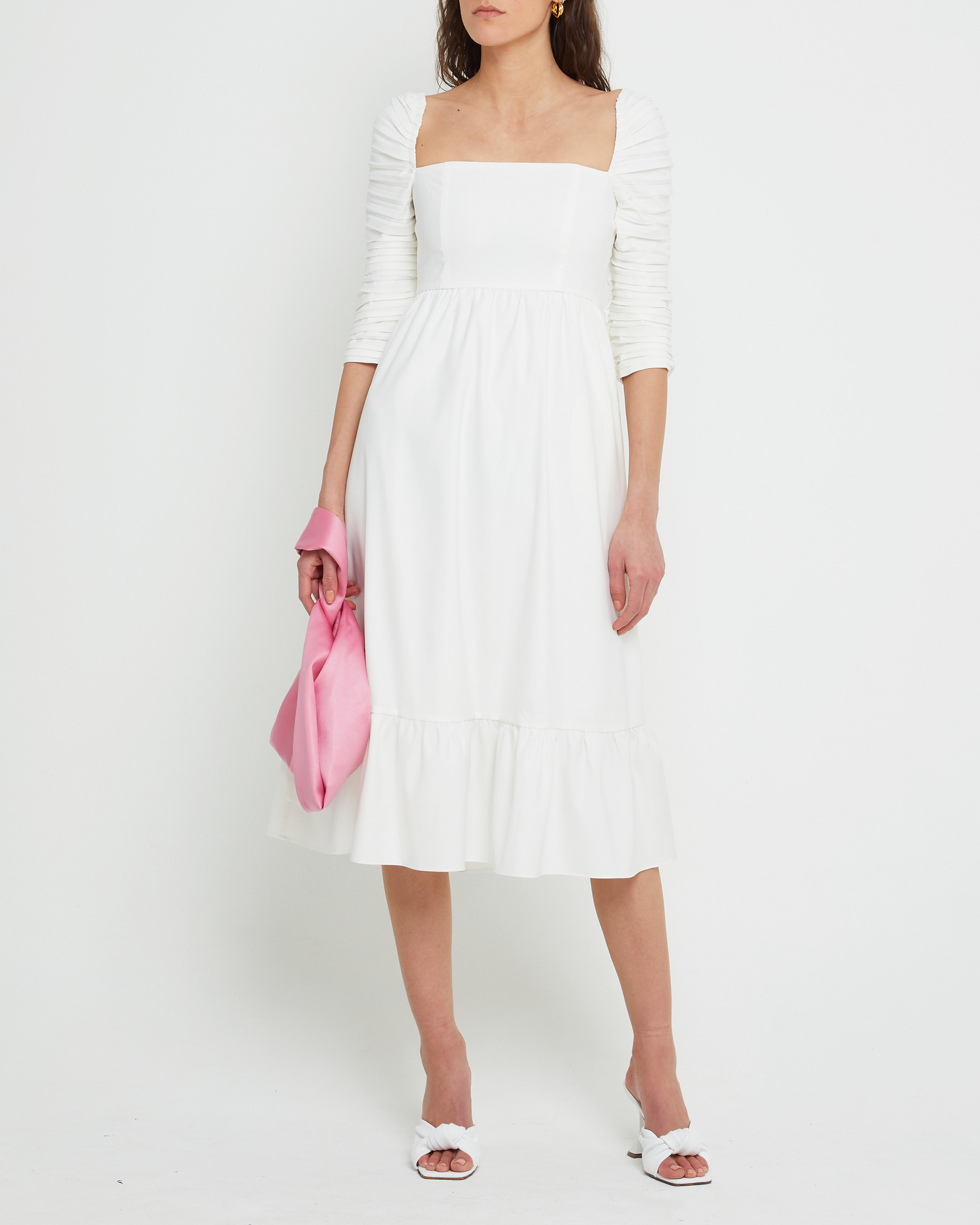 Fourth image of Bonnie Dress, a white midi dress, ruched bodice, mid sleeves, 3/4 sleeves, square neckline