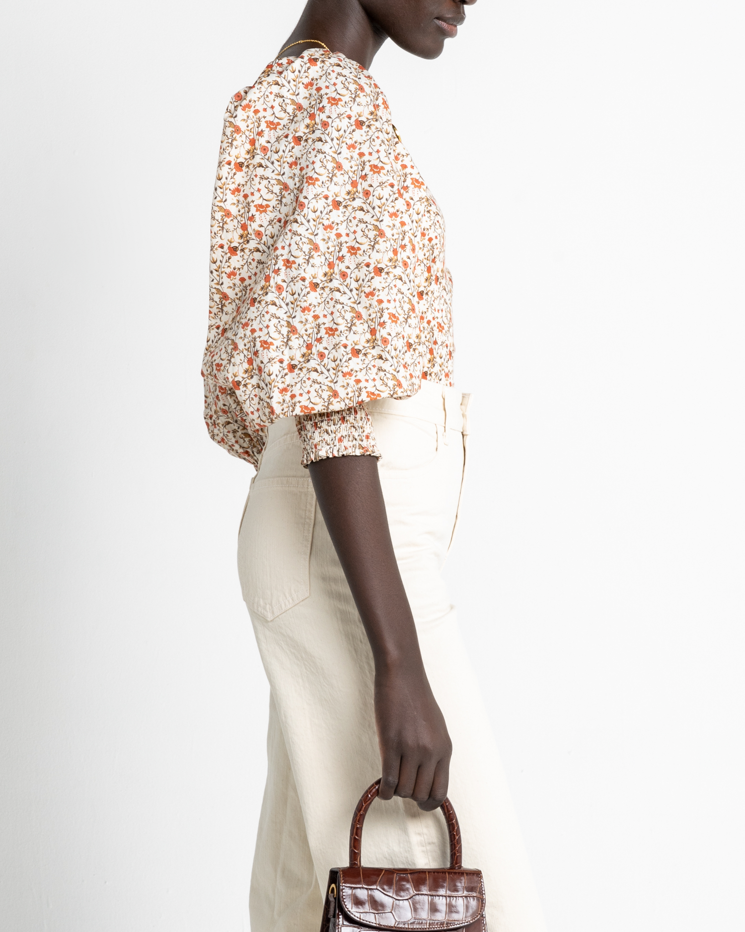 Third image of Gisele Top, a floral puff sleeve top, square neckline, puff sleeves, long sleeve