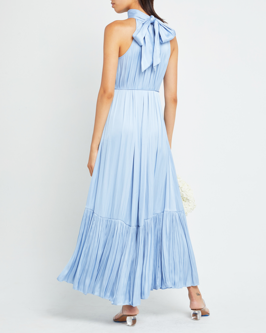 Second image of Anika Dress, a blue maxi dress, tie, high neck, silk, satin, waist tie, pleats