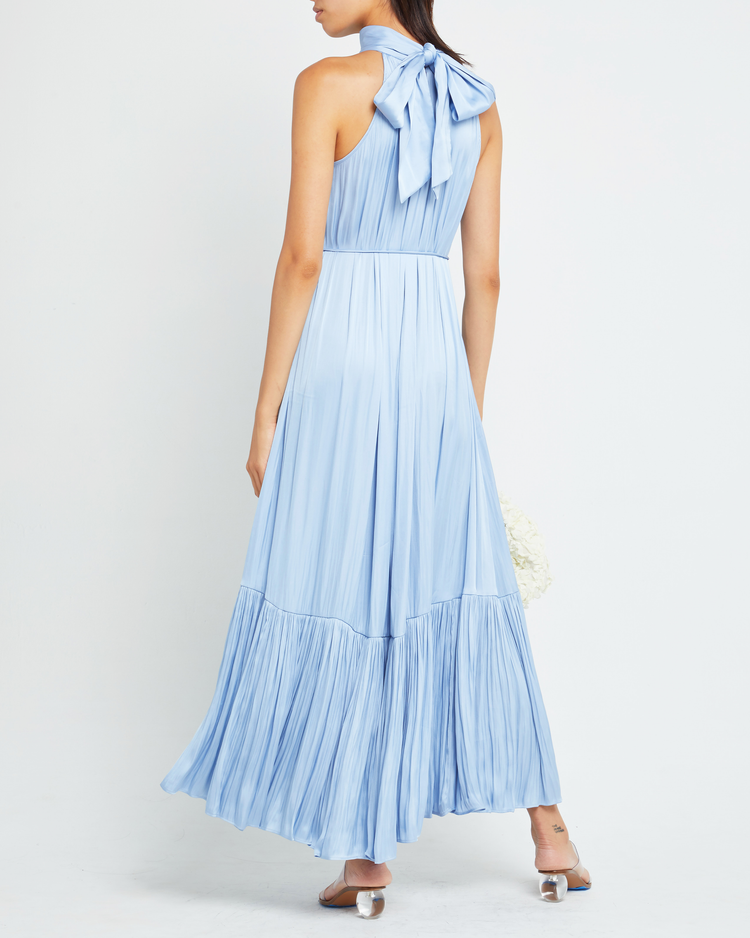 Second image of Anika Dress, a blue maxi dress, tie, high neck, silk, satin, waist tie, pleats