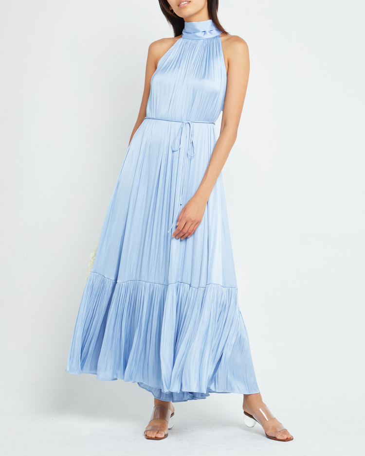 Fourth image of Anika Dress, a blue maxi dress, tie, high neck, silk, satin, waist tie, pleats