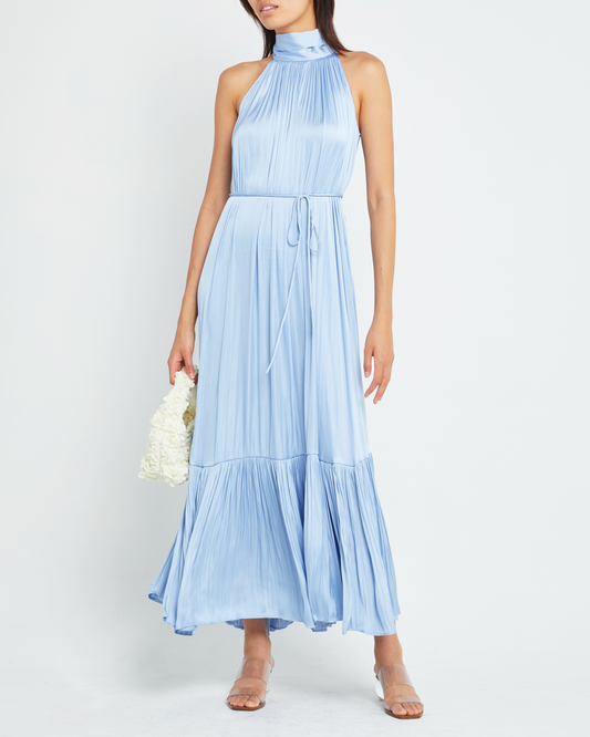 First image of Anika Dress, a blue maxi dress, tie, high neck, silk, satin, waist tie, pleats