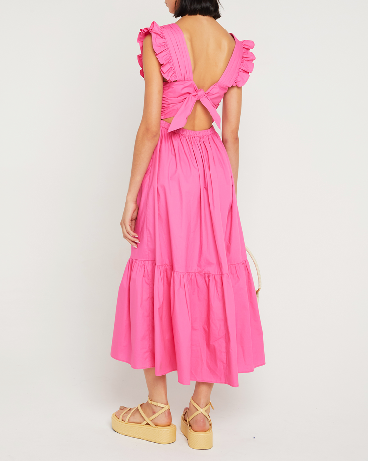 Second image of Stella Dress, a pink midi dress, open back, front buttons, ribbon tie, bow, ruffle sleeves