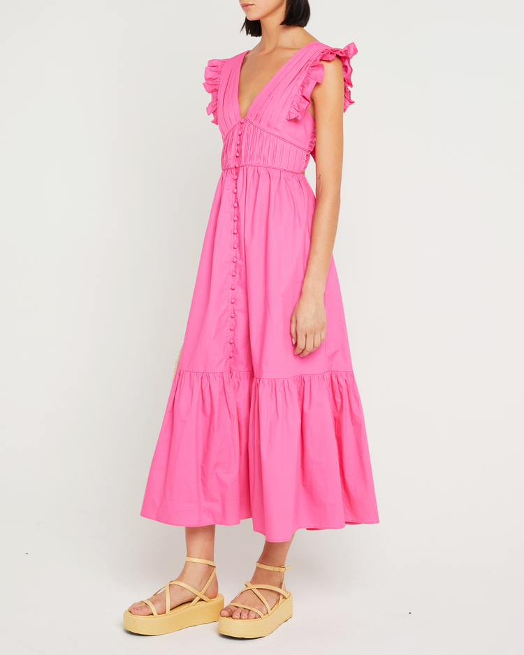 Fifth image of Stella Dress, a pink midi dress, open back, front buttons, ribbon tie, bow, ruffle sleeves