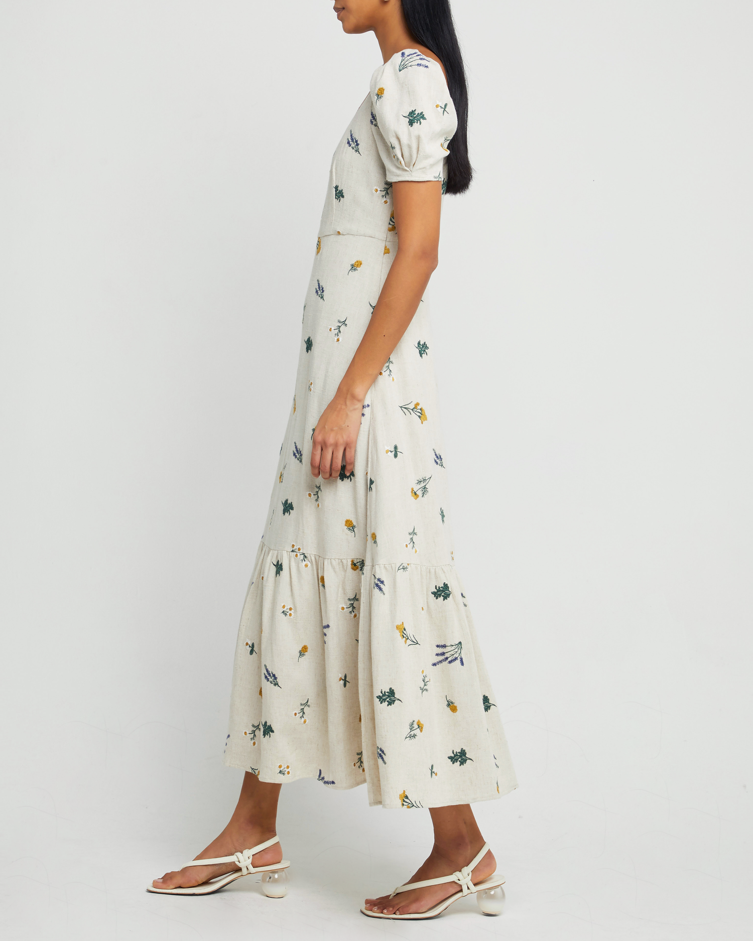 Third image of July Maxi Dress, a  maxi dress, linen, fall, floral, embroidered, puff sleeves, cap sleeves