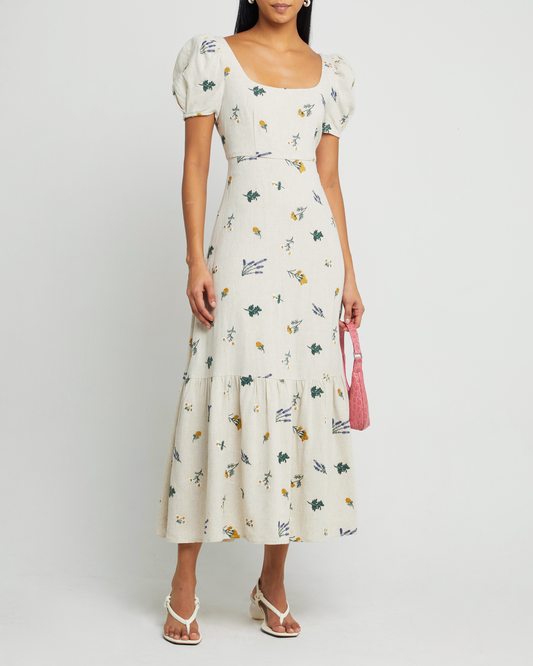 First image of July Maxi Dress, a  maxi dress, linen, fall, floral, embroidered, puff sleeves, cap sleeves