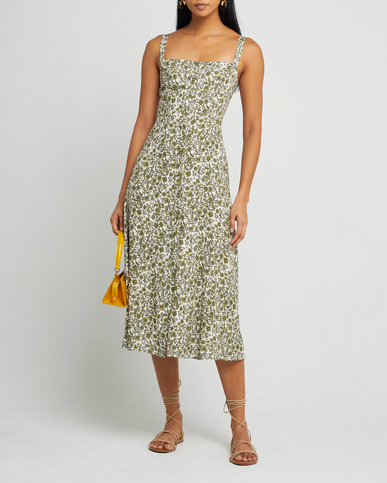 Fourth image of Juliette Dress, a green midi dress, floral, tank, slip, spaghetti strap