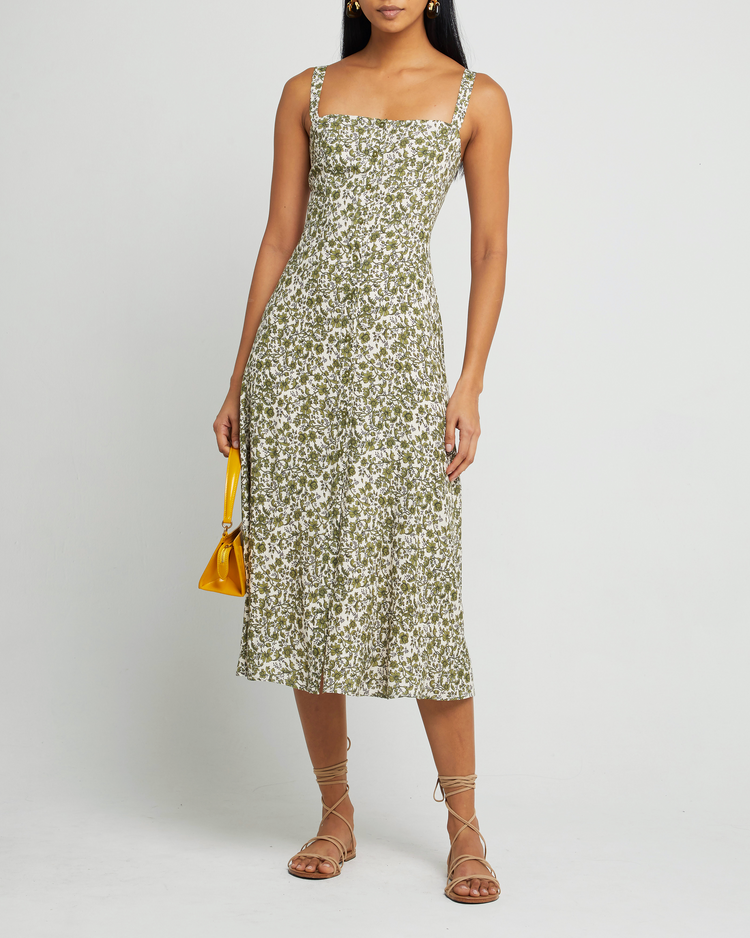 Fourth image of Juliette Dress, a green midi dress, floral, tank, slip, spaghetti strap